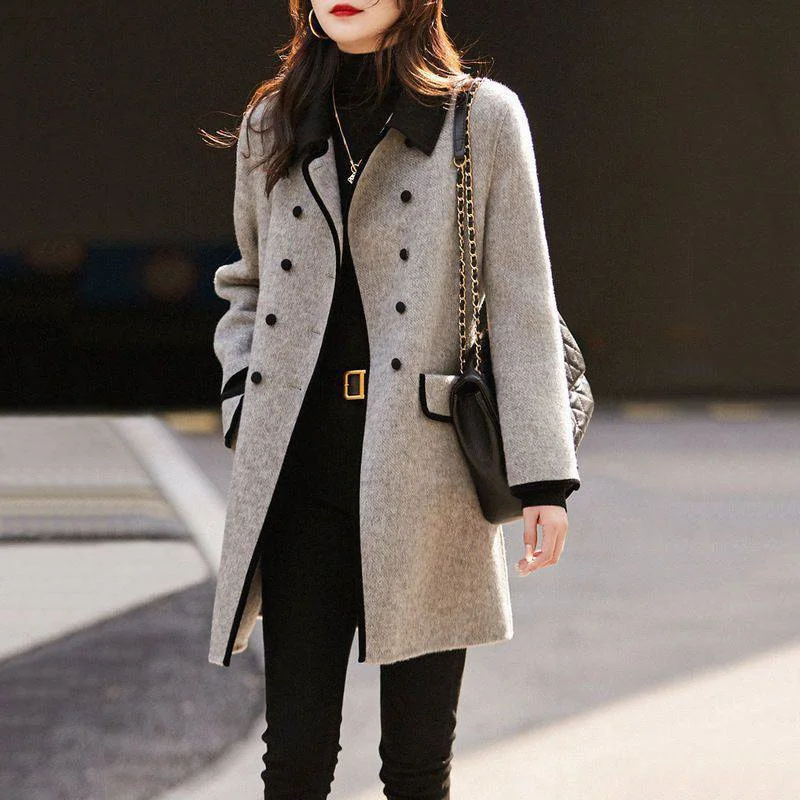 

New High Quality Woolen Coat Female Autumn Winter Middle-aged Fashion Korean Slim Casual Contrast Color Wool Overcoat Women