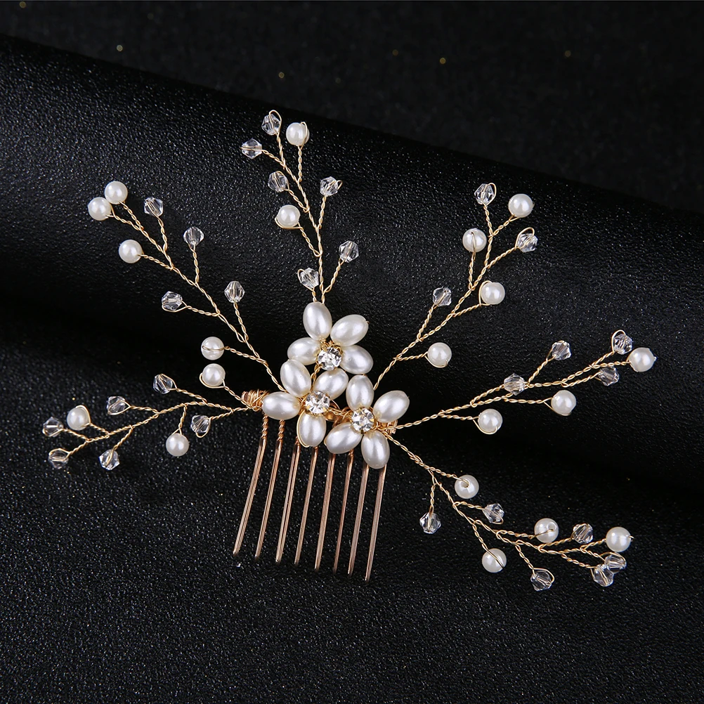 

Bridal Hair Comb Crystal Copper Wire Pearls Rhinestones High Quality Plating Wedding Headpiece Hairpin Versatile Updo Half Bun