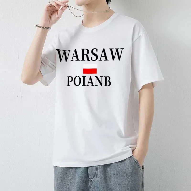 Men's and women's short sleeve T-shirt Loose cotton top POIANB Summer Men's WARSAW Design Monogram Print T-shirt