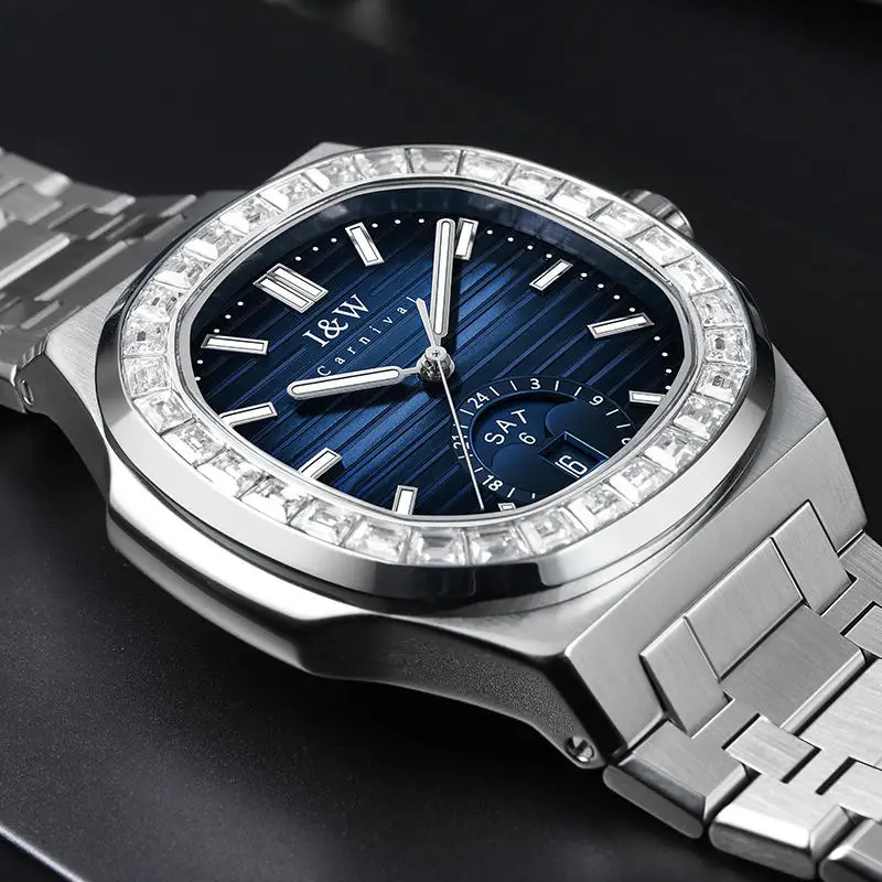 I&W CARNIVAL Automatic Mechanical Men's Watch Luxury Switzerland Brand Japan Imported Sapphire Rhinestone Dual Calendar 735G