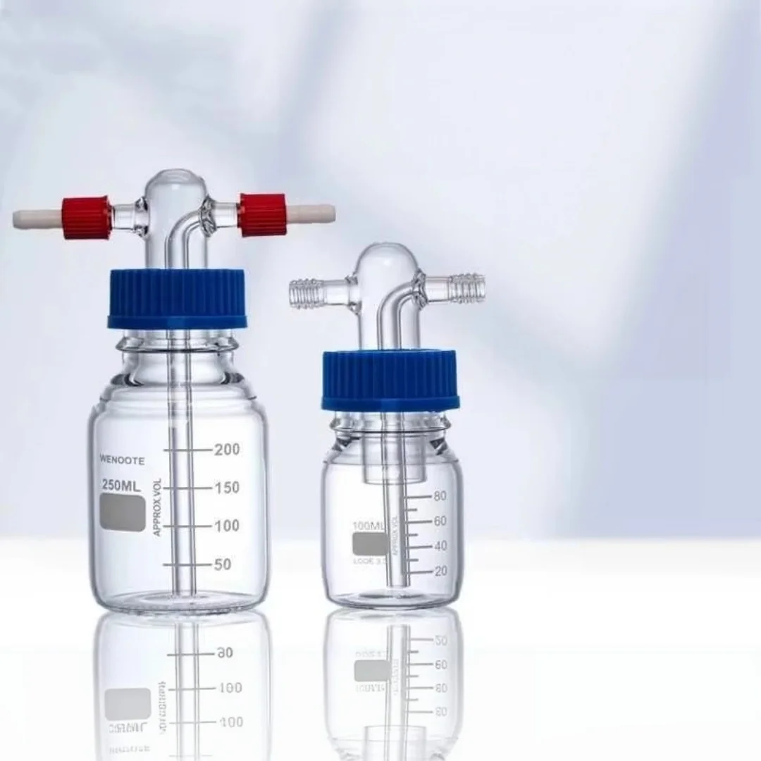 High Borosilicate Spiral Mouth Gas Washing Cylinder GL45 Gas Washing Buffer Sealed Corrosion-resistant Safety Bottle 100-5000ML