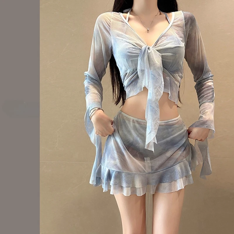 

sexy Korean fashion grey tie dye print bikini sets 4pcs ruffles long sleeve cover tops mini skirt swimsuit swimwear bathing suit
