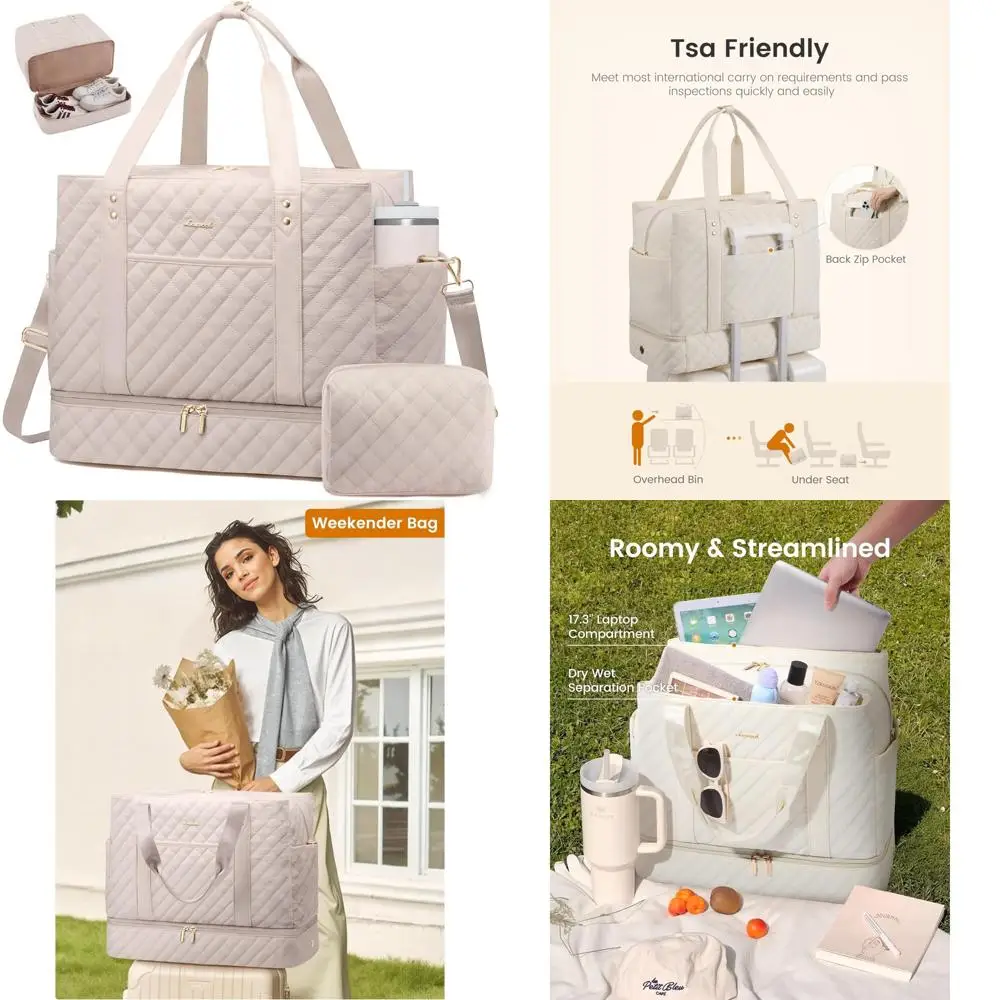 حقيبة نسائية كبيرة لقضاء عطلة نهاية الأسبوع سعة 45 لترًا مع حذاء وجيب مبلل، منتج شخصي مبطن للسفر