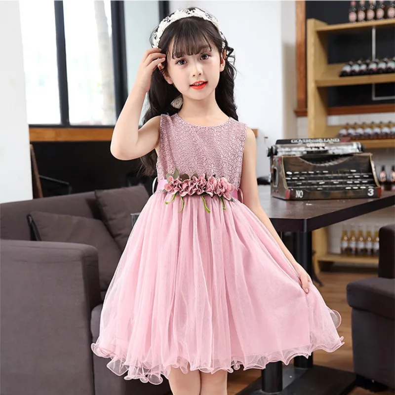 5 7 9 12 Years Youth Flower Girls Elegant Floral One-piece Fairy Princess Dresses for Children Vintage Festive Pink Tulle Clothe