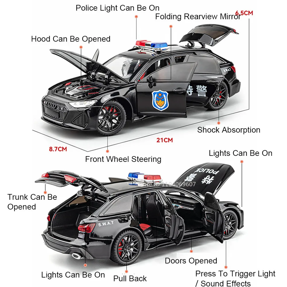 1:24 Scale R8 V10 Sports Car Toy Models Metal Diecast RS6 Police Cars Sound Light Pull Back Doors Opened Vehicle Toys Boys Gift