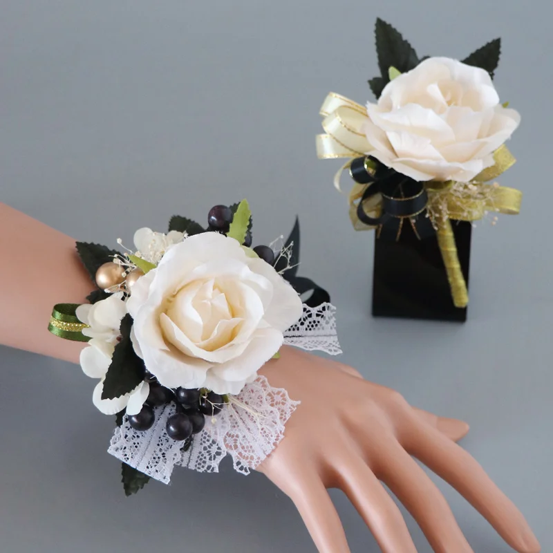 Champagne Artifical Flowers Boutonnieres Wrist Corsage Rose Ribbon Marriage Wedding Accessories for Party