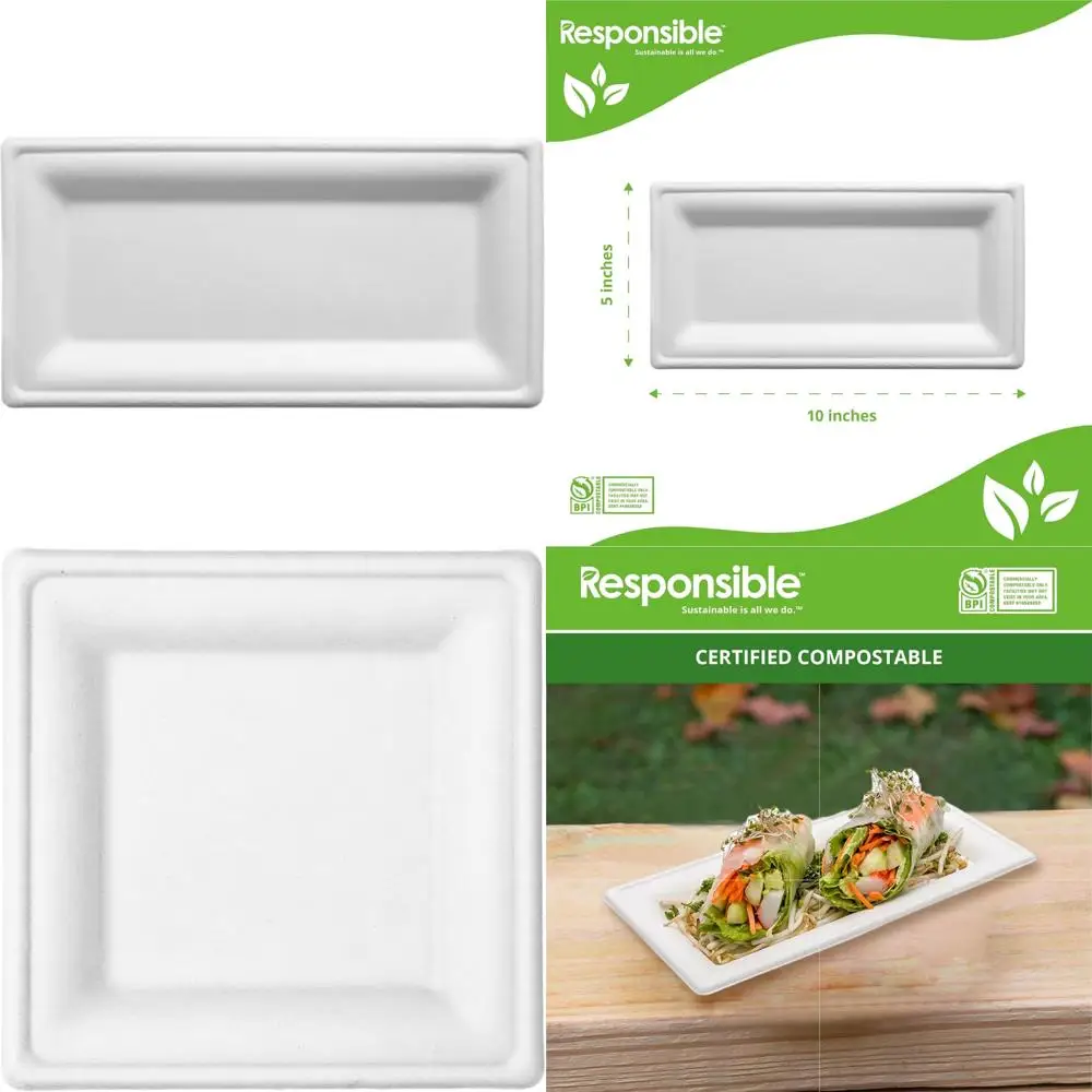 

100% компостируемые квадратные бумажные тарелки — сверхпрочные одноразовые 10x5 дюймов для вечеринок, упаковка 50 штук — экологически чистые и биоразлагаемые
