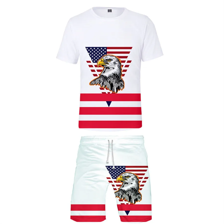 American Stars Stripes Flag Kids Compression Set short Sleeve Gym Top+Workout Shorts Quick Drying Breathble Set