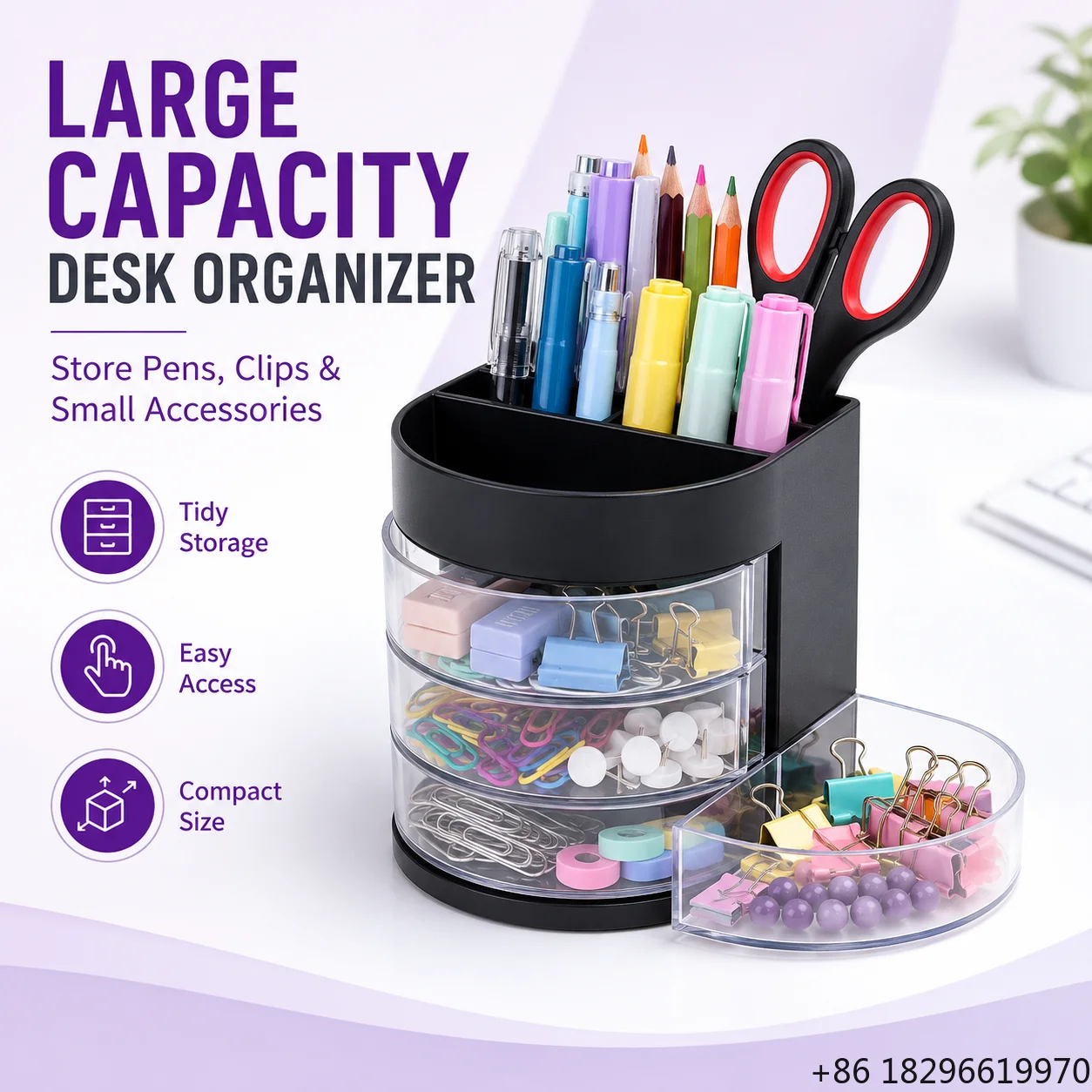 Large Capacity Black Desk Pen Holder With Transparent Drawers Side Tray Desktop Organizer for Office School Home