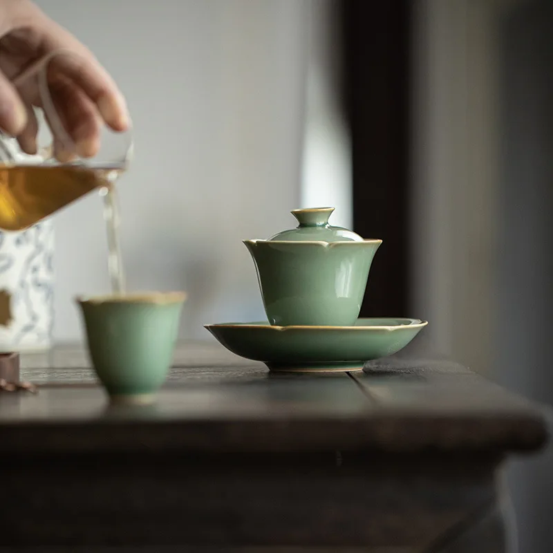 Yaozhou Mouth Covered Yue Kiln Celadon High Style Fragrance Gathering Bowl Flower Border Ceramic Tea Set Te