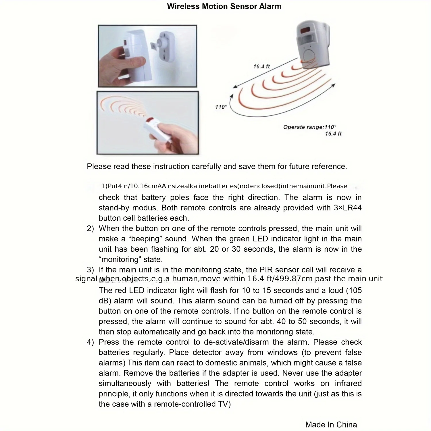 Infrared Motion Sensor Alarm - Burglar Alarm with 2 Remote Controls, Suitable for Home/Garages/Shops