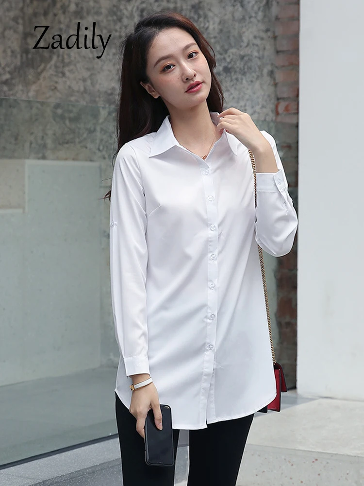 Minimalist Full Sleeve Women Long White Shirt And Blouse Korea Style Button Up Loose Tunic Autumn Turn Down Collar Bf Clothing