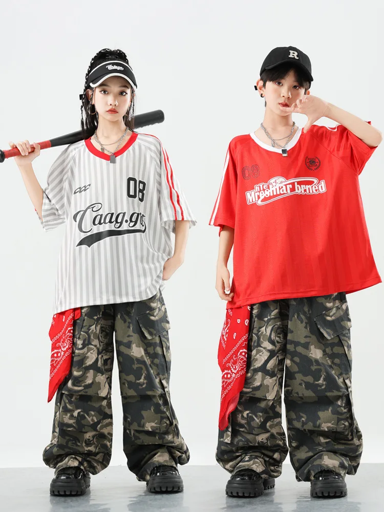

Kid Kpop Hip Hop Clothing Red Letters Jersey T Shirt Rose Print Strap Parachute Cargo Pants for Girl Boy Dance Costumes Clothes