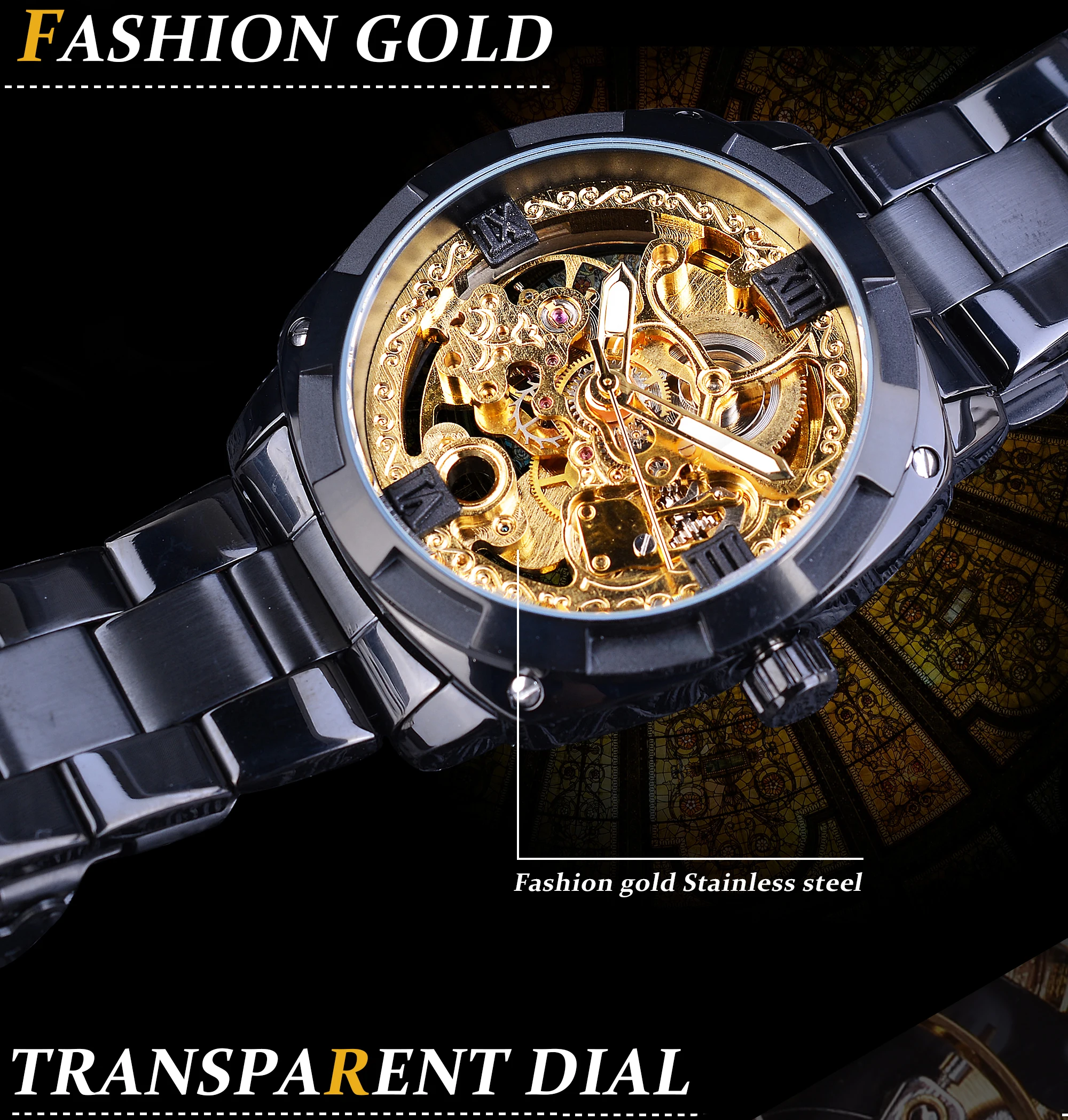 Forsining Men\'s Automatic Mechanical Watch Fashion Transparent Retro Top Brand Luxury Full Golden Luminous Hands Skeleton Clock