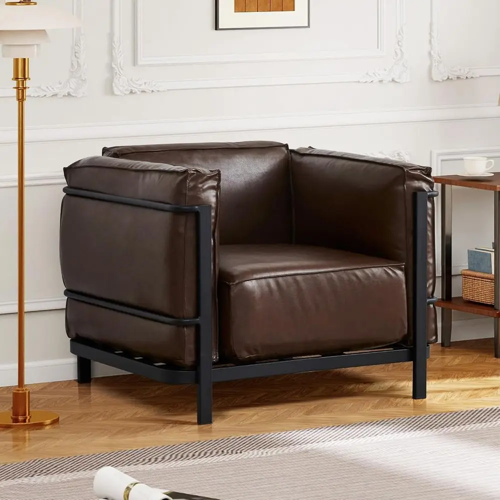

Mid-Century Modern 3-Seater Leather Sofa with Fixed-Shape Iron Legs, Suitable for Living Room or Office (Brown Sofa Chair)