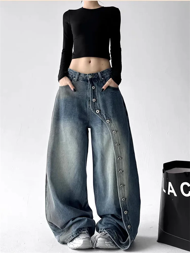 

Street Dance Wide Leg Jeans Women 2025 High Waist Studded Loose Fit Non Clingy Trousers Floor Length Y2K Denim Pants