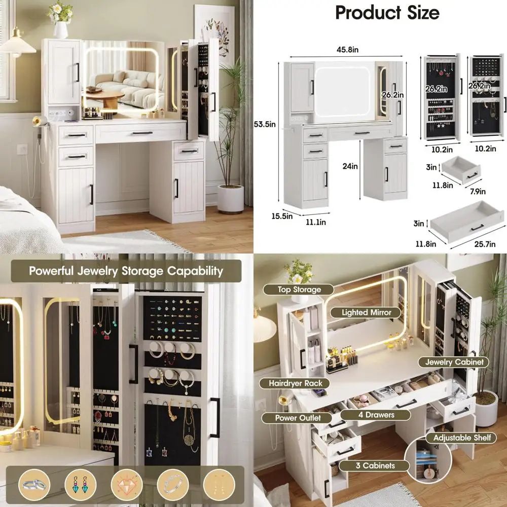슬라이딩 보석 선반이 있는 조명 거울 화장대와 4개의 서랍, 대형 메이크업 스테이션