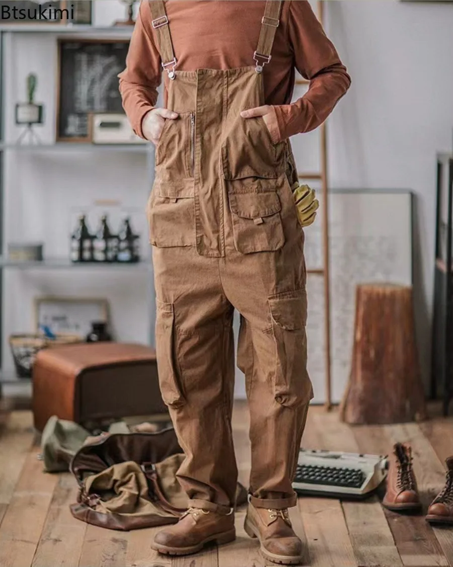 2026 الرجال الرجعية القطن استرخاء صالح البضائع السراويل رومبير موضة ملابس العمل بذلة فضفاضة مع جيوب الذكور Vintage مريلة وزرة
