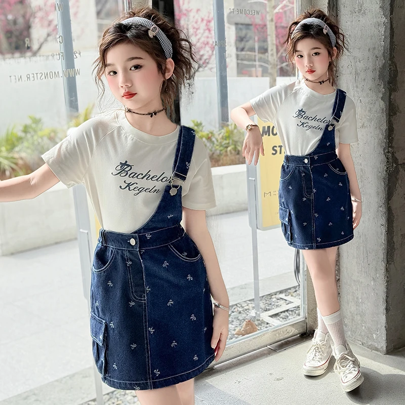 

Girls One-Shoulder Strap Dress Set Children Short-Sleeve Top + Bow Denim Skirt Two-Piece Sets 2025 New