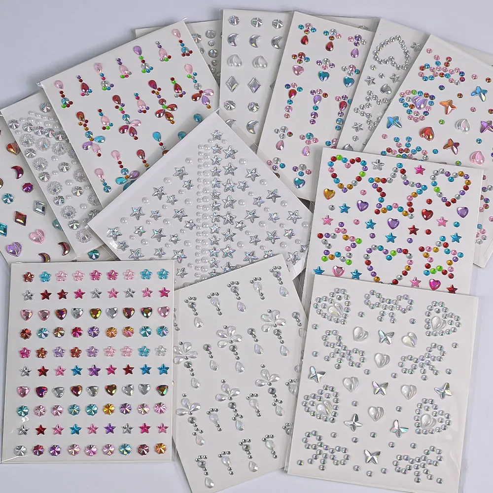 1Pc Ster Maan Gezicht Oog Diamant Gem Sticker Hart Vlinder Acryl Steentjes Tattoo Vrouwen Meisjes DIY Make-up Juwelen