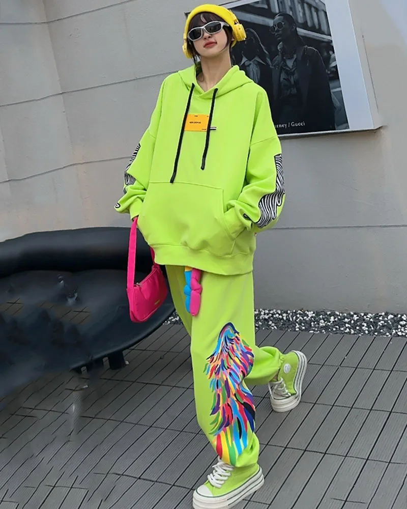 Graffiti Hip-hop Hooded Sweatshirt and Pants Sets Women 2 Piece Y2k Clothes 2024 New Casual Oversized Outfits Sportsuit Femme