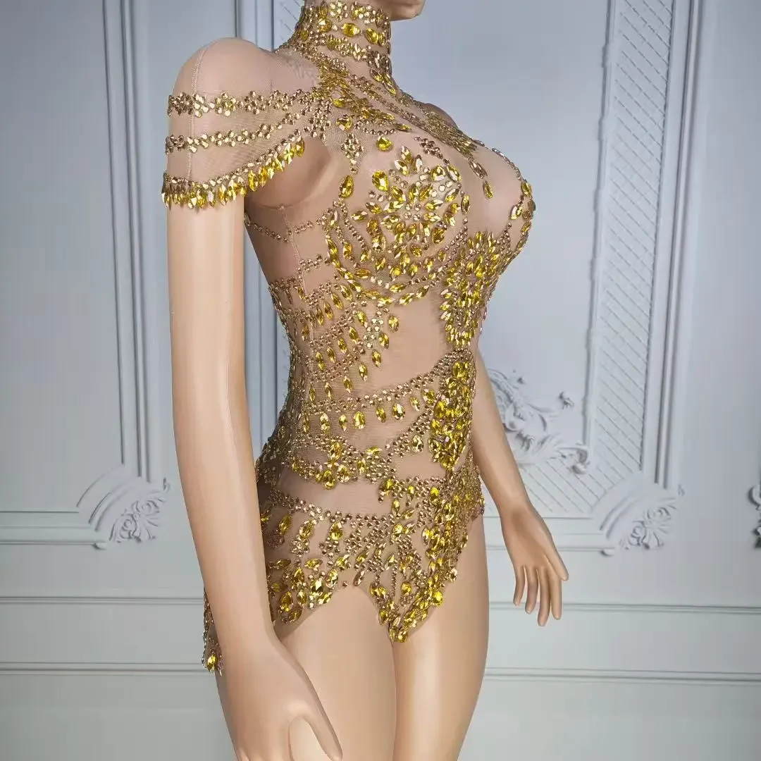 

Sexy Mesh Transparent Dance Outfit Performance Costume Singer Party Club Show Stage Wear Sparkly Rhinestones Bodysuit
