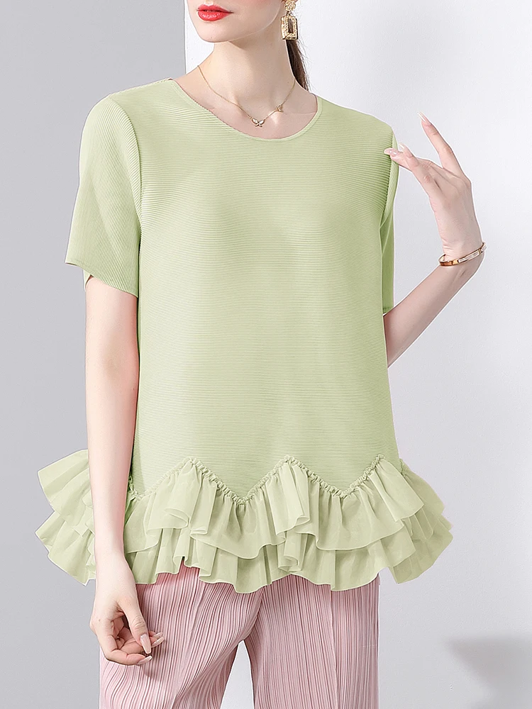 GVUW Pleated Irregular Hem T Shirt Women Short Sleeve Round Collar Versatile Summer Solid Color Casual New 2024 Tops 17G6996