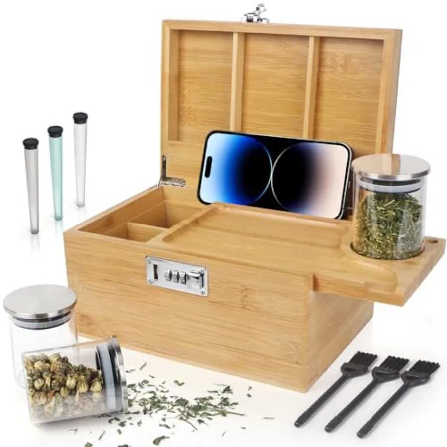 

Large Bamboo Box with Combination Lock Decorative Storage Box with Detachable Compartment Wooden Boxes with Alright Jars and Br