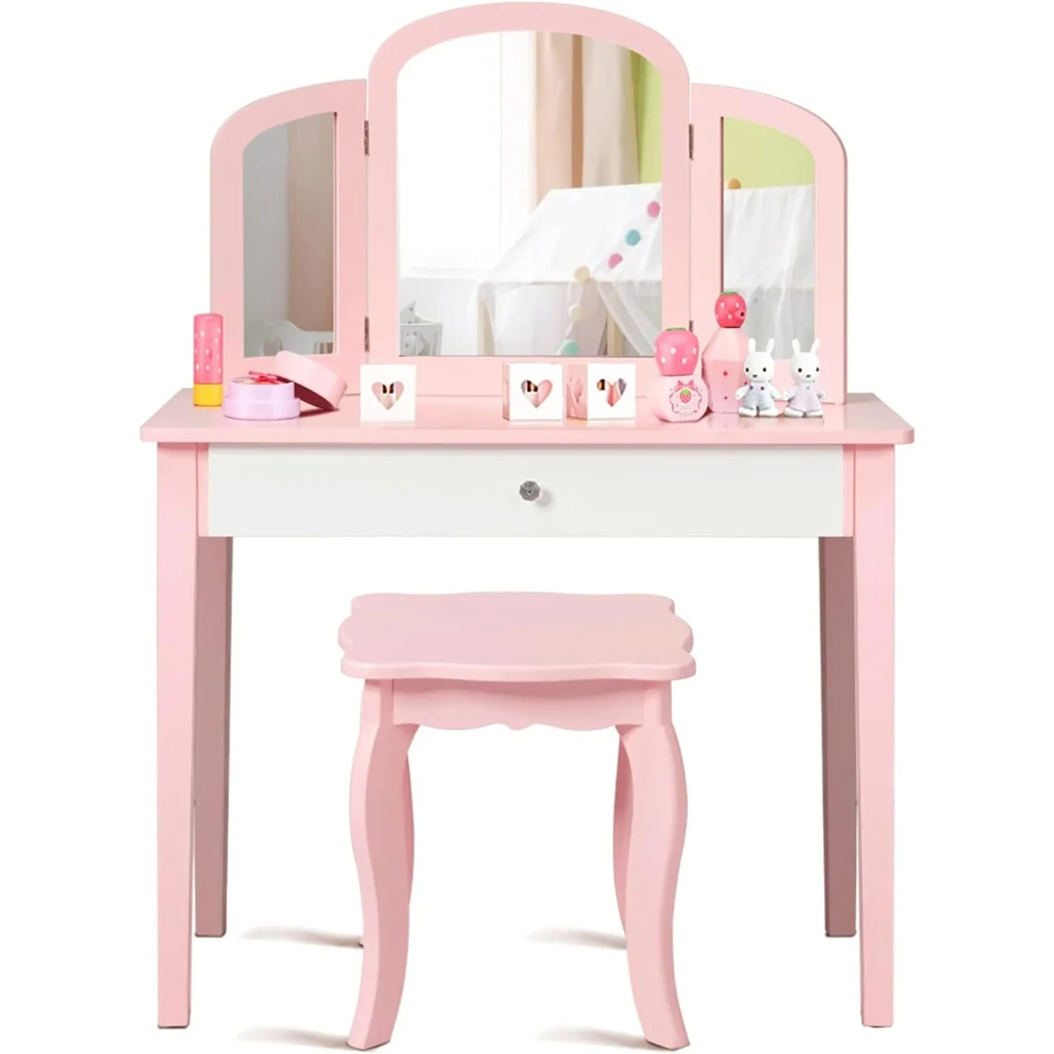 Toddler Beauty Makeup Dressing Table w/Stool & Drawer, Tri-Fold Silver Mirror, Detachable Top, Wooden Princess