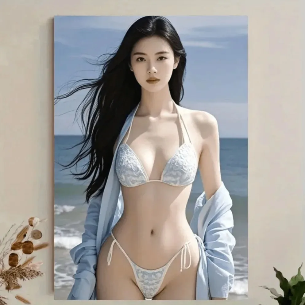 Beach Wall Art for Living Room, Blue Bikini Ocean Scene Elegant Home Decor for Bedroom Bathroom Kitc