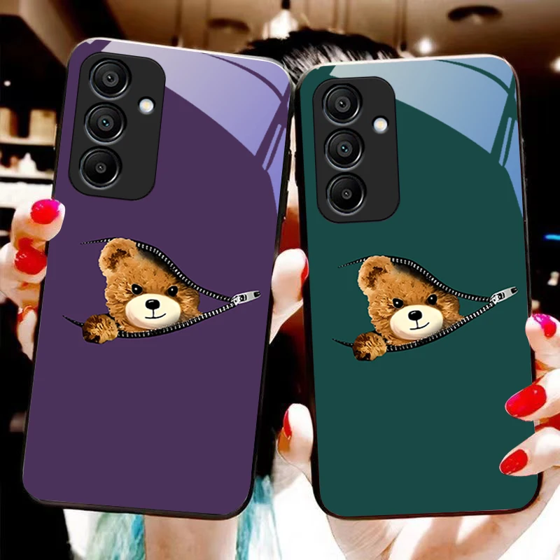 Zipper Bear Brown For Samsung Galaxy A15 5G 54 4G 51 50 24 35 90 71 12 51 53 52S 80 22 34 Black Tempered Glass Phone Case
