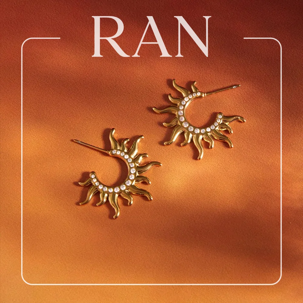 Stainless Steel Sun Half Hoop Earrings for Women 18k Gold Plated Inlaid Zircon Open Hoop Earring Statement C‑Shaped Stud Earring