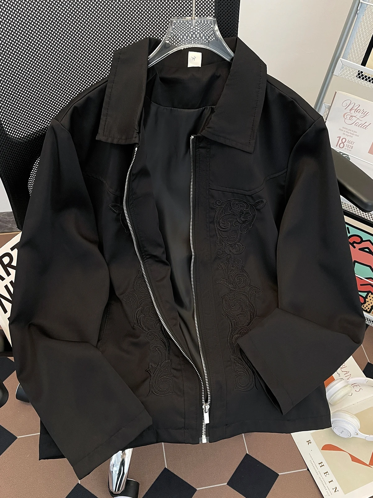 

Spring Autumn Embroidered Floral Jaet Men's Casual American Sle Loose Fit Zipper Closure Polyester Anti-Wrinkle