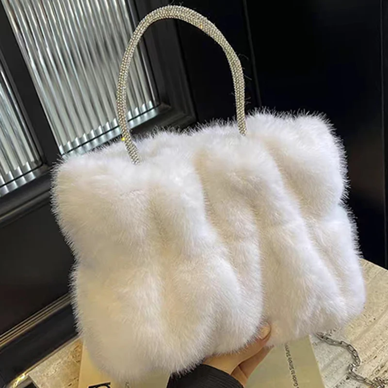 Bolso de mano de piel sintética para mujer, bolso de mano informal de felpa, bolso de hombro esponjoso versátil, bolso femenino suave y bonito para Otoño e Invierno