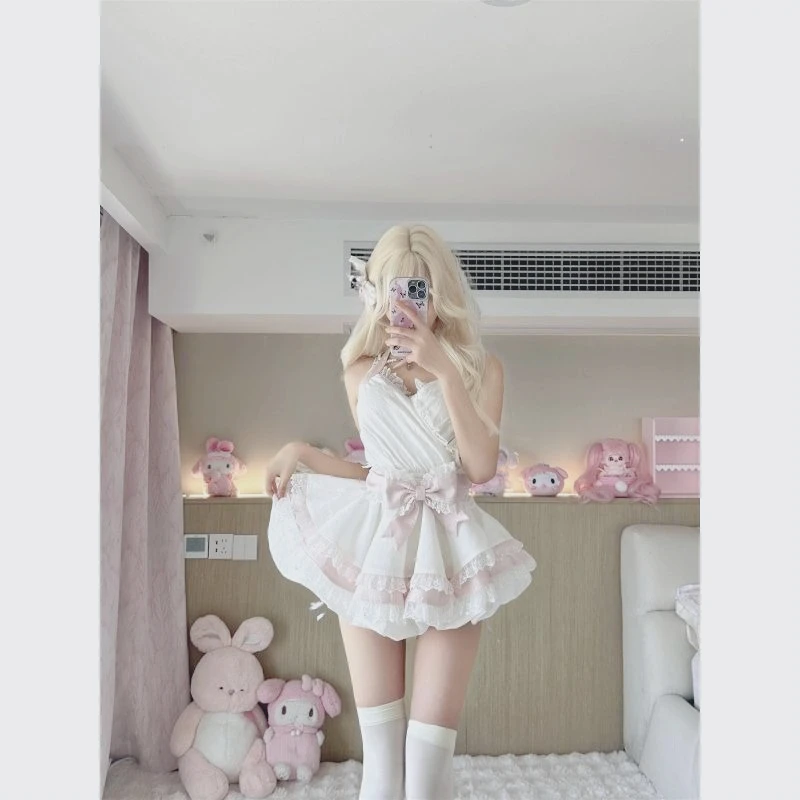 

Summer New Neck Pure Desire Lolita Sweet Girlish Lace Bow Design Contrasting Color Cake Dress Sexy Lingerie Fishnet Bodysuit