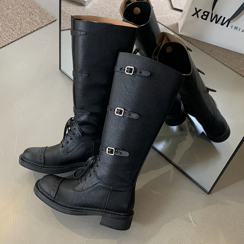 Riemgesp Smalle Band Veters Botas Mujer 2024 Tendencia Vierkante Neus Effen Kleur Leren Lange Laarzen Voor Dames Dikke Lage Hakken