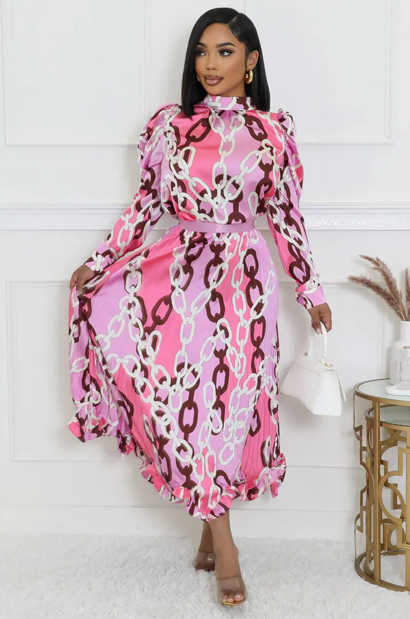 

Fashion Printed Dress Autumn Long Sleeve Half High Collar High Waist Pleated A-line Long Dress Elegant Commuting Women Clothing