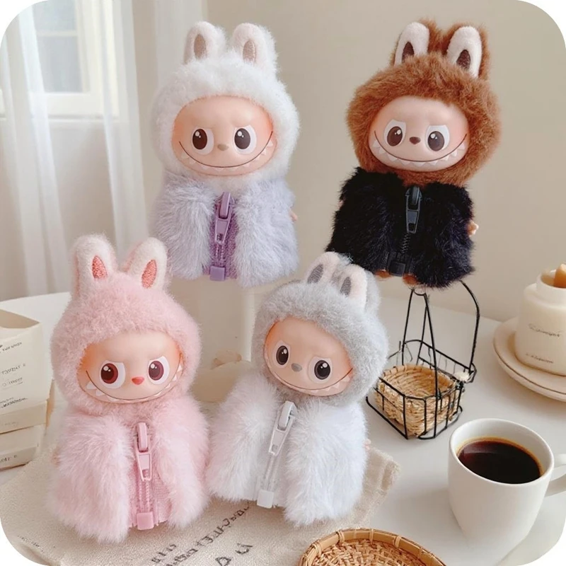 Cute Furry Bunny Hat Vest Set  for Labubu 4.0 Fashionable Pink Bow Bunny for 10cm Ladbubu V4 Dolls Accessories