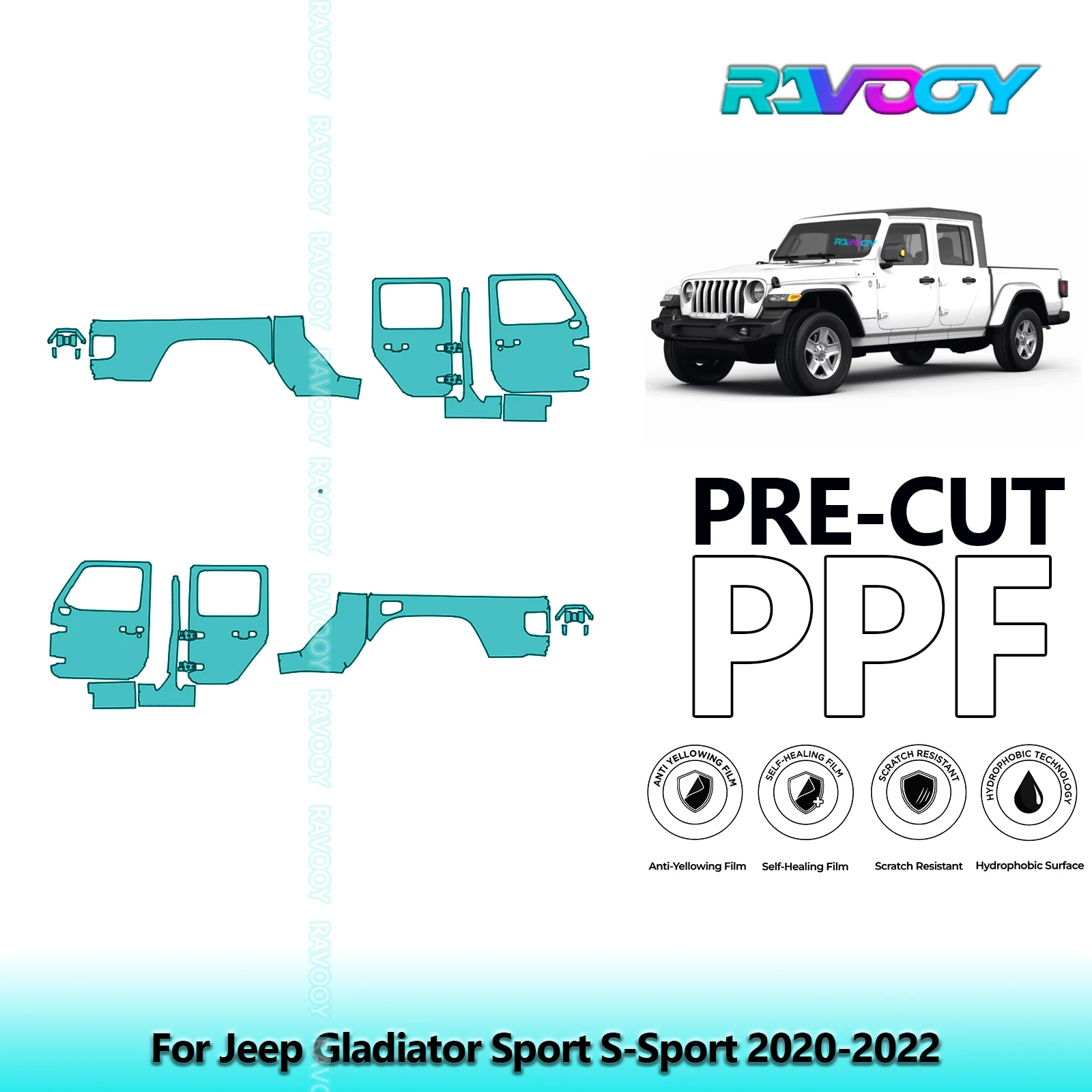 

For Jeep Gladiator Sport S-Sport 2020-2022 8.5mil Clear Matte Pre-Cut PPF Door & A/B Pillar Kit TPU Paint Protection Film Set