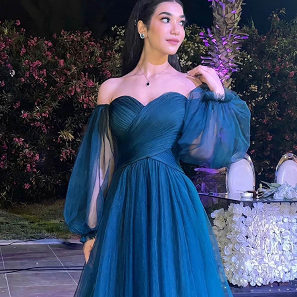 Cathy Blue Off the Shoulder Prom Dresses Sweetheart Puffy Sleeves فساتين السهرة Elegant Floor-Length A-line Vestidos De Noche