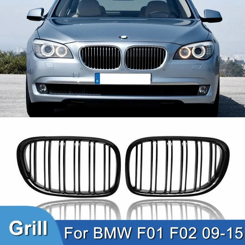 مناسبة لسيارات BMW F01 F02 F03 F04 740i 750i 7 Series 2009-2015 المصد الأمامي على شكل الكلى مصبغة لامعة خط مزدوج أسود
