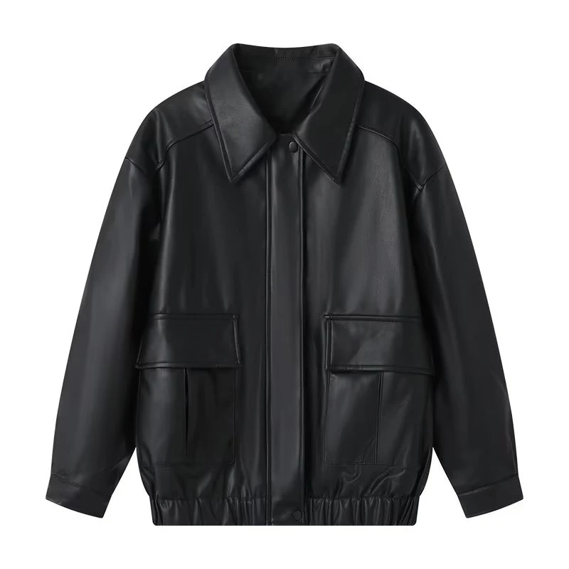 

BANA Bla Leather Jaet женский свободный крой ретро мотоциклетный Jaet весна осень воротник на молнии длинный све обычной длины