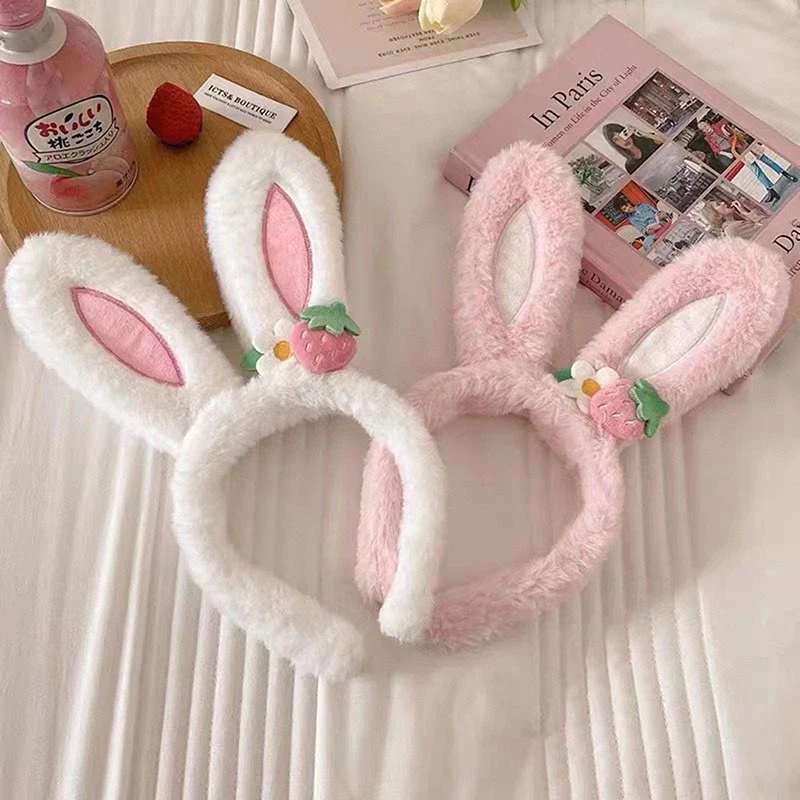 Creative Cartoon Plush Rabbit Ear Headband, Strawberry Flower Rabbit Ear Headband, Easter Happy Gift For Girls, Headband