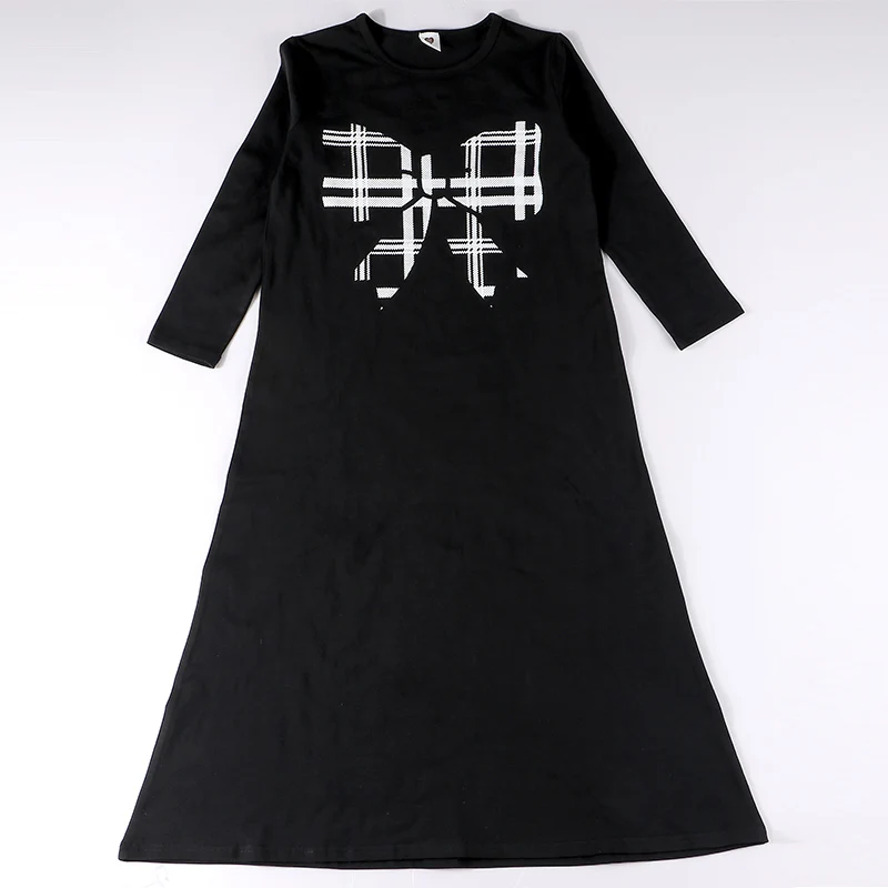 Mädchen-Nachthemd mit Langen Ärmeln, Schwarze Baumwolle mit Schleife, Kariertes Muster, Kinder Sommer- und Frühlings-Maxikleid, Lässige Kleider – Detail 3
