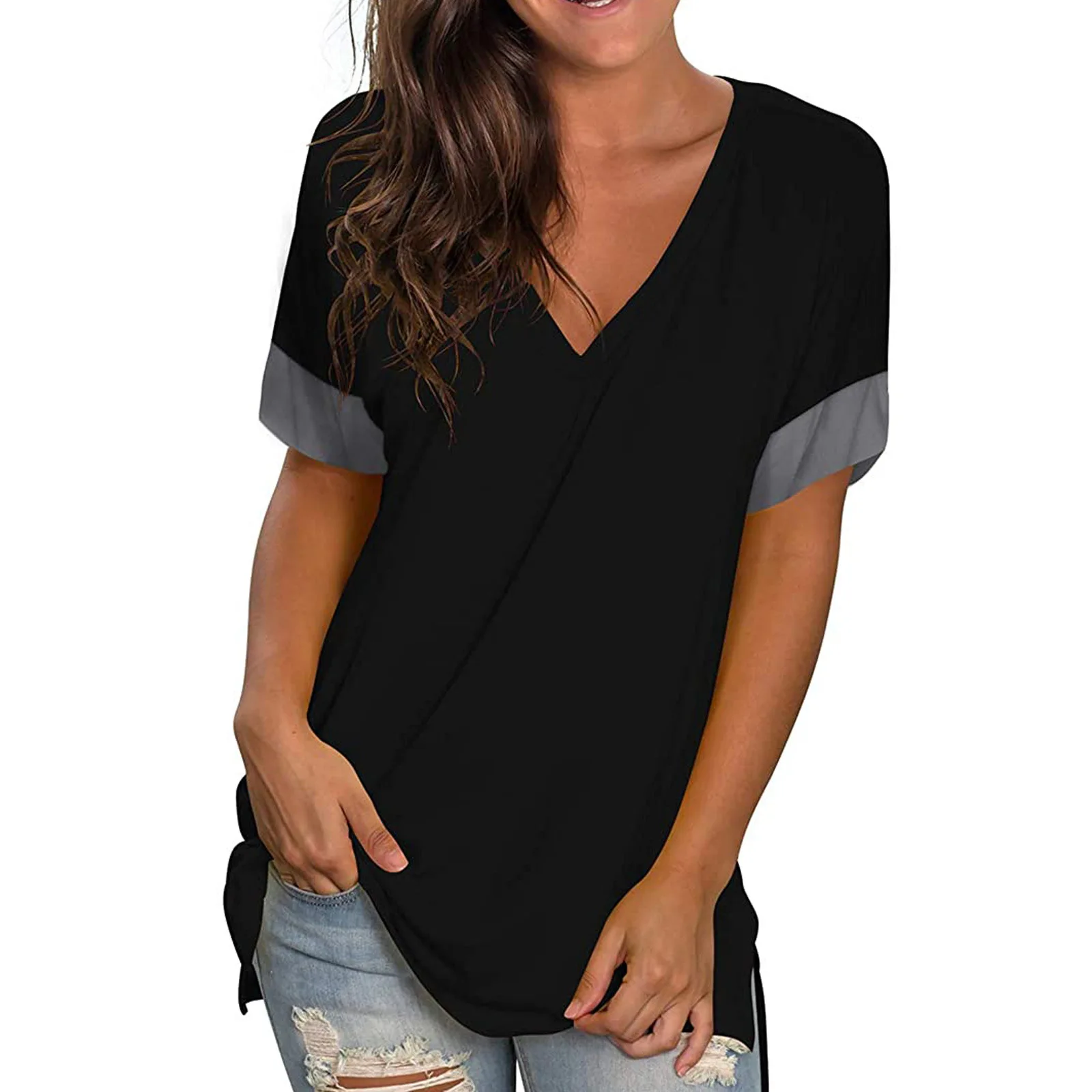 

Summer Solid Color Blouse V-Neck Short Sleeve Loose Fashion Women's Casual Hundred Tops Trendy T-Shirts for Women Summer Tops