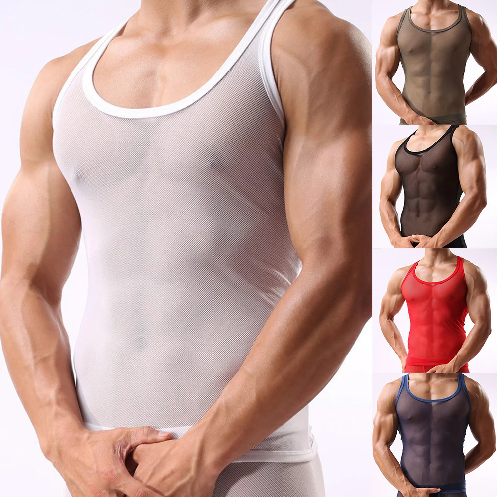 보디 빌딩 Sheer Fishnet Tee Fishnet Singlet Top Men See Through Tank 매끄러운 쉬어 디자인 세련된 캐주얼웨어