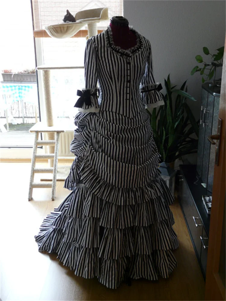 1870s Victorian Gothic Black White Stripe Dress Medieval Bustle Vintage Women Ball Gown Dress Rococo Gown