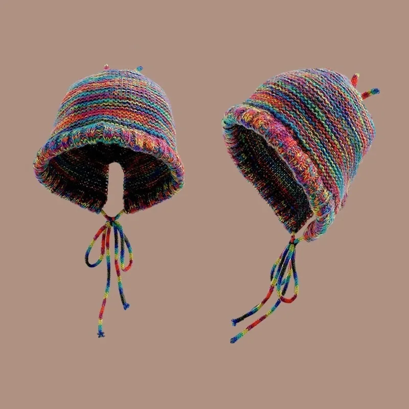 Hat Women Dopamine Autumn Winter Rainbow Knitted Cap Warm Ear Protection Cute Sweet Tie Wrap Head Caps Hot