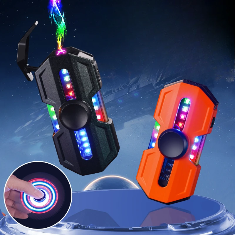 New Spinning Gyro Dual Arc USB Lighter Type-C Fast Charging Portable Outdoor Windproof Power Display Plasma Pulse Lighter Gift