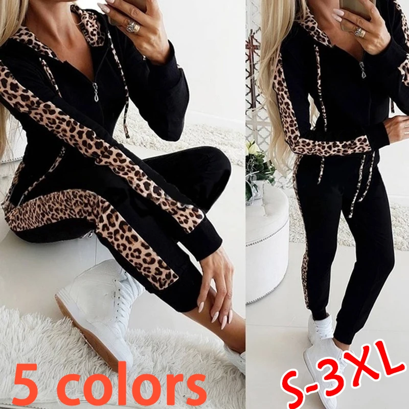 

2024 Women's Leopard Print Long sleeved Printed Zipper Hoodie Sweatpants Women's Leopard Print Two Piece Slim Fit Hoodie Set